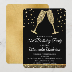 Gold 21st Birthday Party Diamond Champagne Glass Invitation