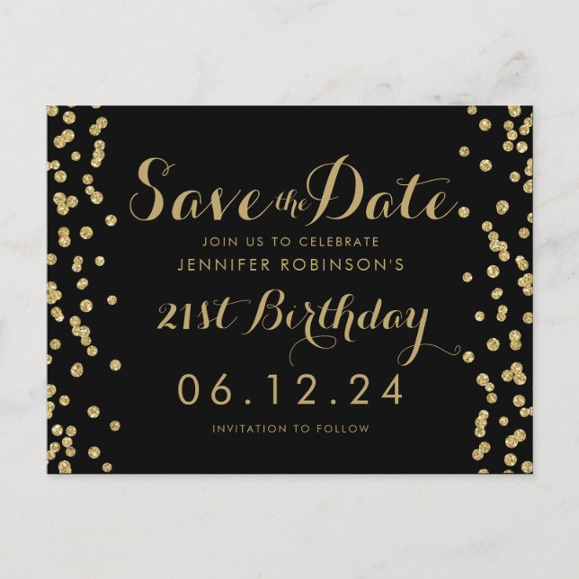 Gold 21st Birthday Save The Date Confetti Black Announcement Postcard (Front)