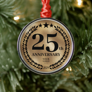 Gold 25th Anniversary Business Logo Christmas Metal Ornament