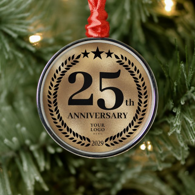 Gold 25th Anniversary Business Logo Christmas Metal Ornament (Tree)