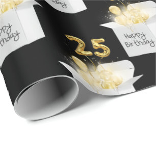 Gold 25th Birthday Balloons in White Box  Wrapping Paper