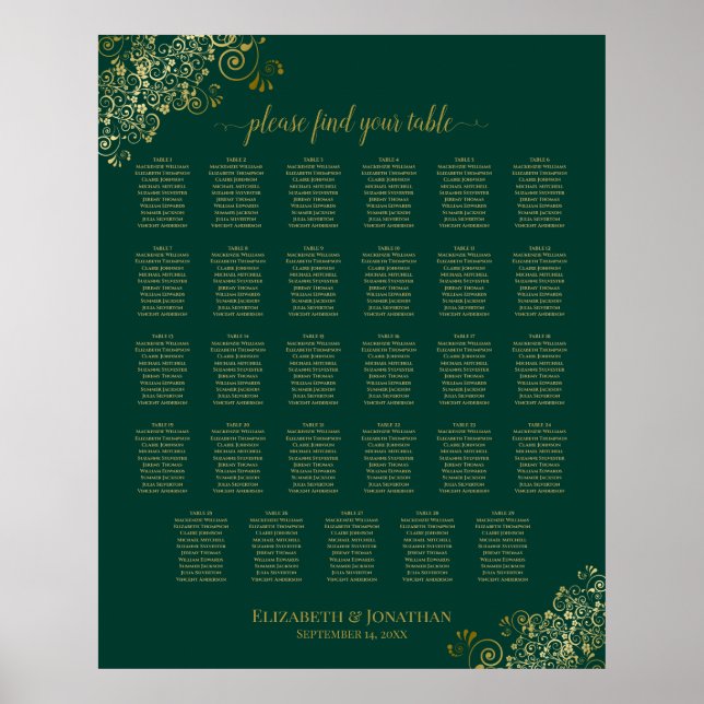 Gold 29 Table Wedding Seating Chart Emerald Green (Front)