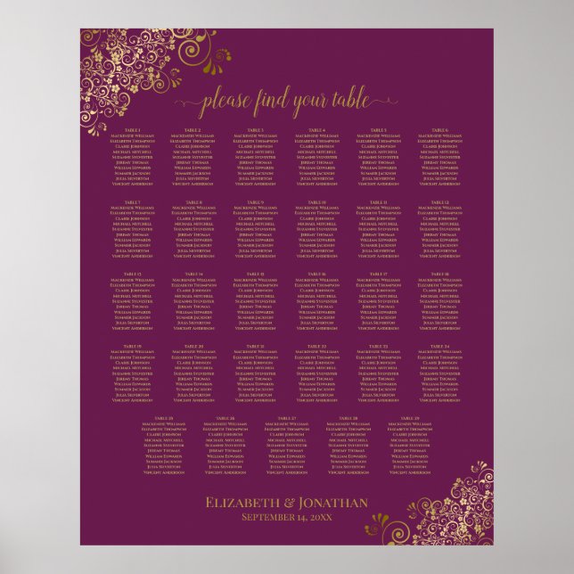 Gold 29 Table Wedding Seating Chart Magenta Plum (Front)