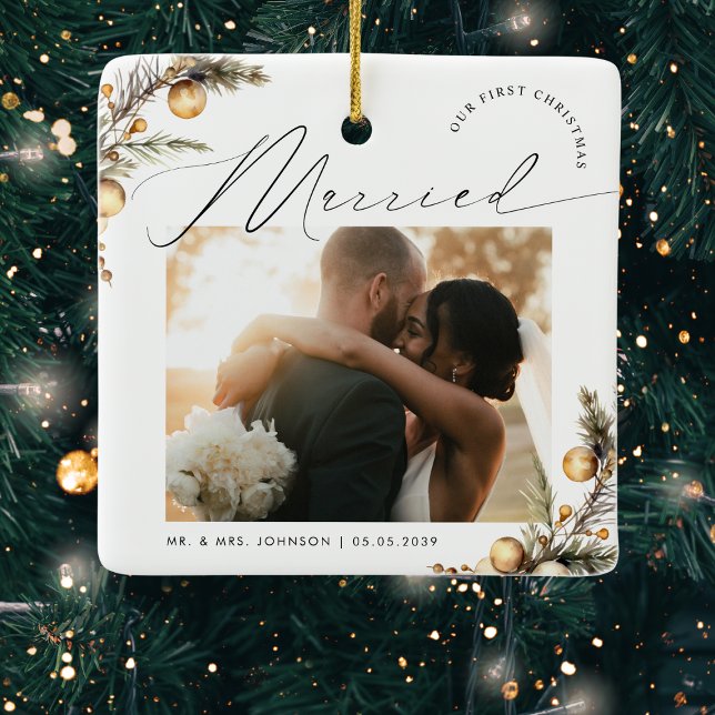 Gold 2 Photo 1st Christmas Married Merry Mr & Mrs Ceramic Ornament (Creator Uploaded)