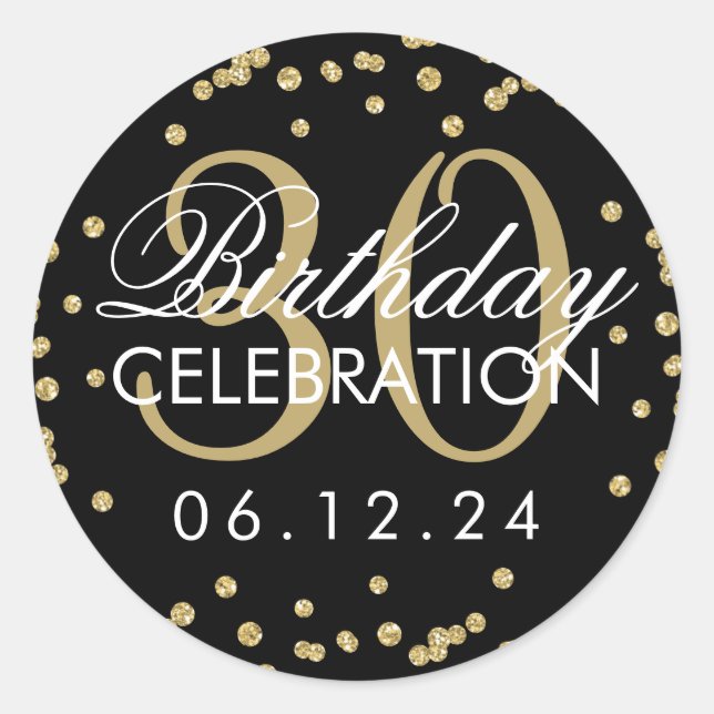Gold 30th Birthday Faux Glitter Confetti Black Classic Round Sticker (Front)