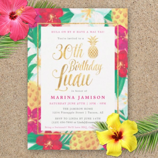 Gold 30th Birthday Luau Party Invitations (30th Birthday Luau Party Invitation)