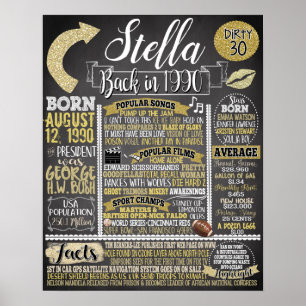Gold 30th Birthday Party Decor, Born in 1990 Poster