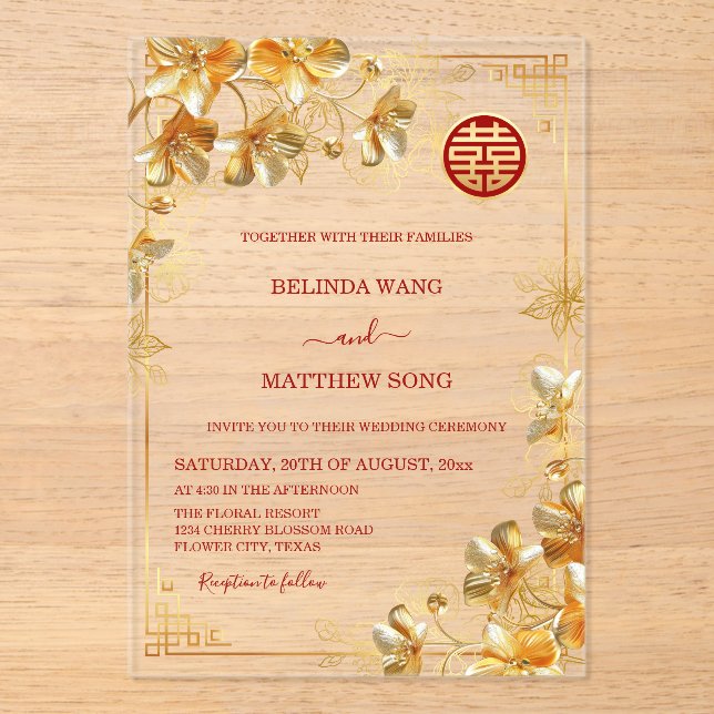 Gold 3 D Flowers Chinese Wedding Acrylic Invitations (Front)