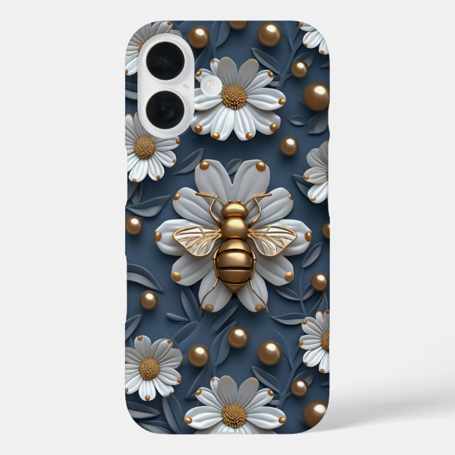 Gold 3D Bees Daisy Flowers Puffy Style Bumblebees Case-Mate iPhone Case (Back)