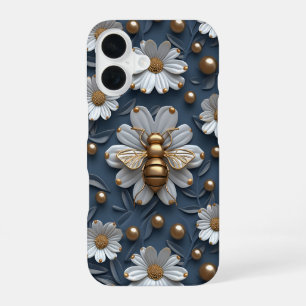 Gold 3D Bees Daisy Flowers Puffy Style Bumblebees iPhone 16 Case