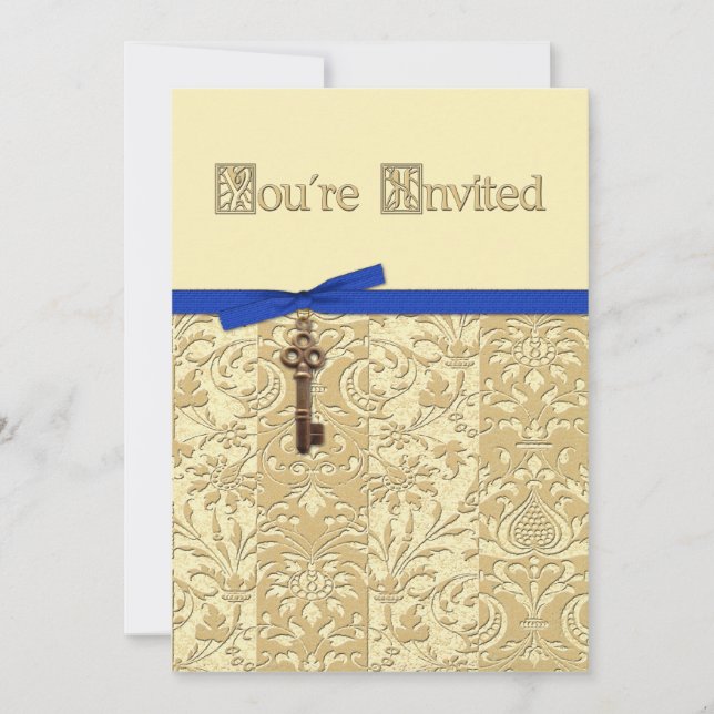 Gold 3D Damask with Key Charm and Bow Invite (Front)
