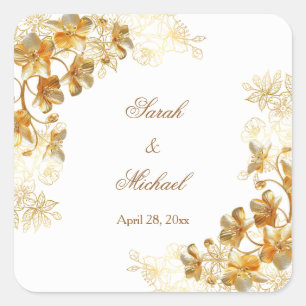 Gold 3D Floral Wedding Square Sticker