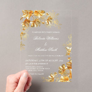 Gold 3D Flowers Transparent Acrylic Invitations