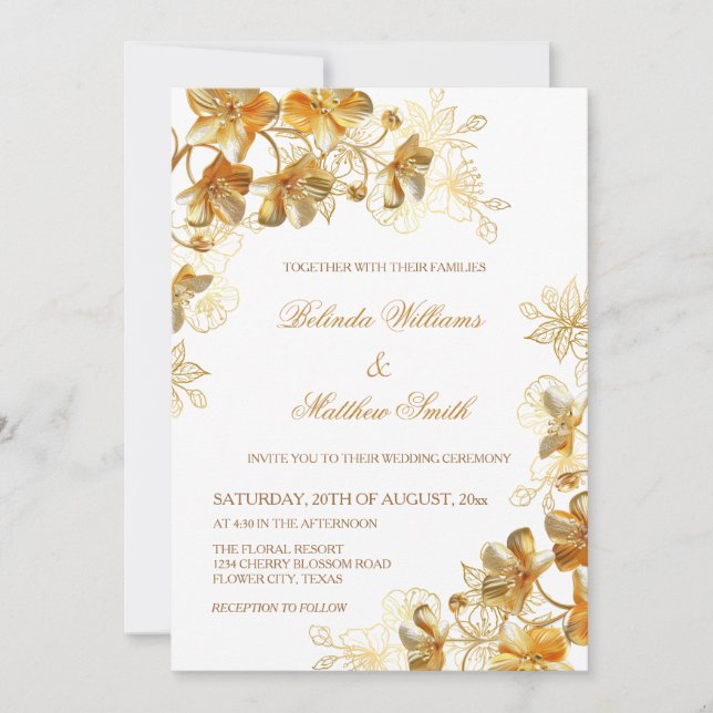 Gold 3D Flowers White Invitation (Front)