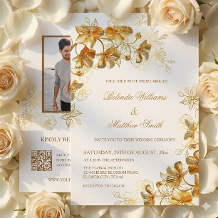 Gold 3D Flowers White Invitation