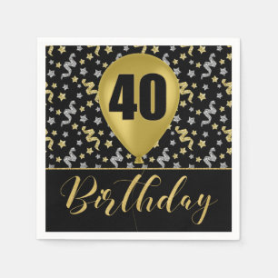 Gold 40 Birthday in Gold and Silver on Black Napkin