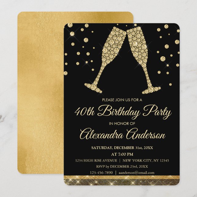 Gold 40th Birthday Party Diamond Champagne Glass Invitation (Front/Back)