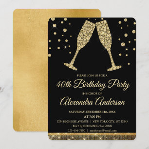 Gold 40th Birthday Party Diamond Champagne Glass Invitation