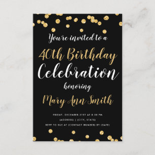 Gold 40th Birthday Party Type Glitter Black Invitation