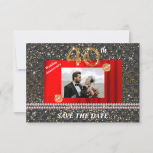 Gold 40th Wedding Anniversary Black Woven & Pearls Invitation