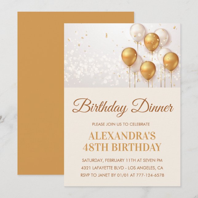 Gold 48th birthday invitation Birthday dinner  (Front/Back)