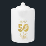 Gold 50 and Fab Teapot<br><div class="desc">50 and Fab decorative calligraphy designed in gold and faux glitter. Easily customise name and message to make a fabulous birthday gift and keepsake for that special someone.</div>