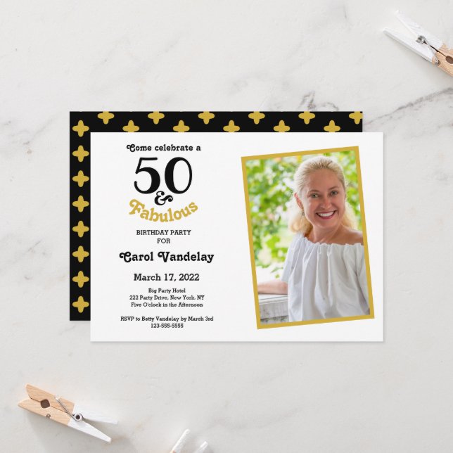 Gold 50 and Fabulous 50th Birthday  Invitation (Front/Back In Situ)