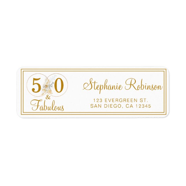 Gold 50 Fabulous Birthday Script Return Address  L Label (Front)