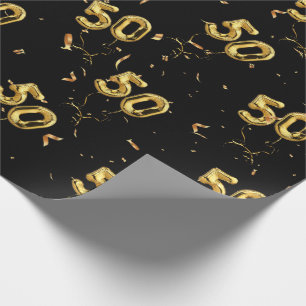 Gold 50 Mylar Balloons and Confetti  Wrapping Paper