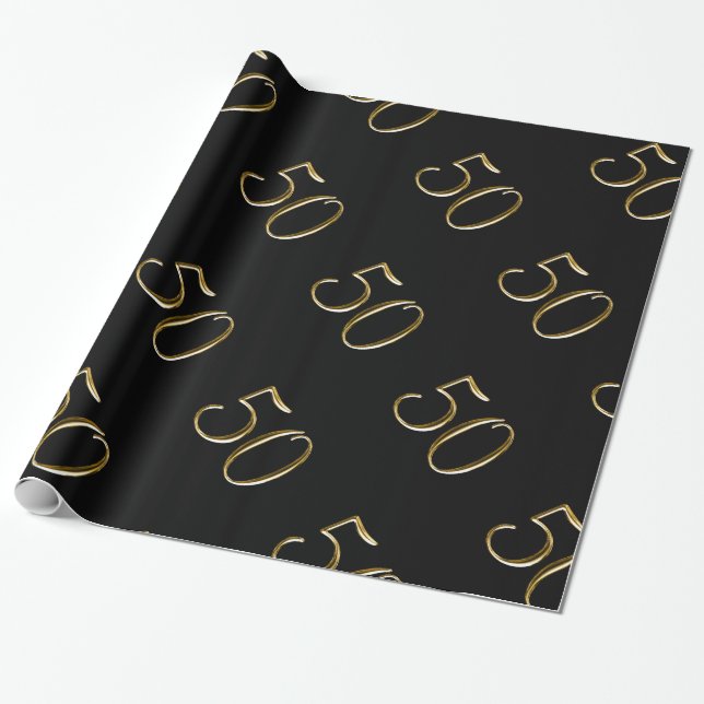 Gold 50 on Black | Happy 50th Birthday Wrapping Paper (Unrolled)
