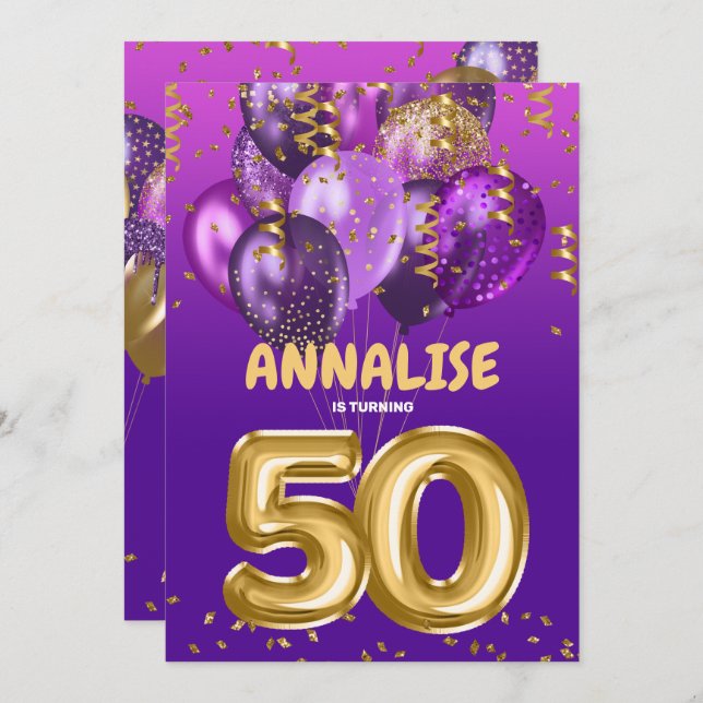 Gold 50 Years Old Confetti Purple 50th Birthday Invitation (Front/Back)