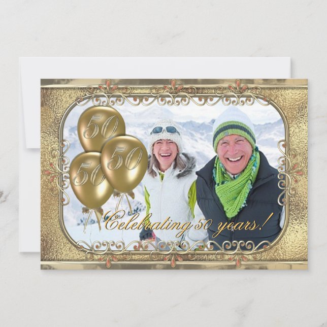 Gold 50th Anniversary Balloon Photo Invitation (Front)