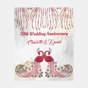 Gold 50th Anniversary Red Peacock Love Wing Heart Fleece Blanket