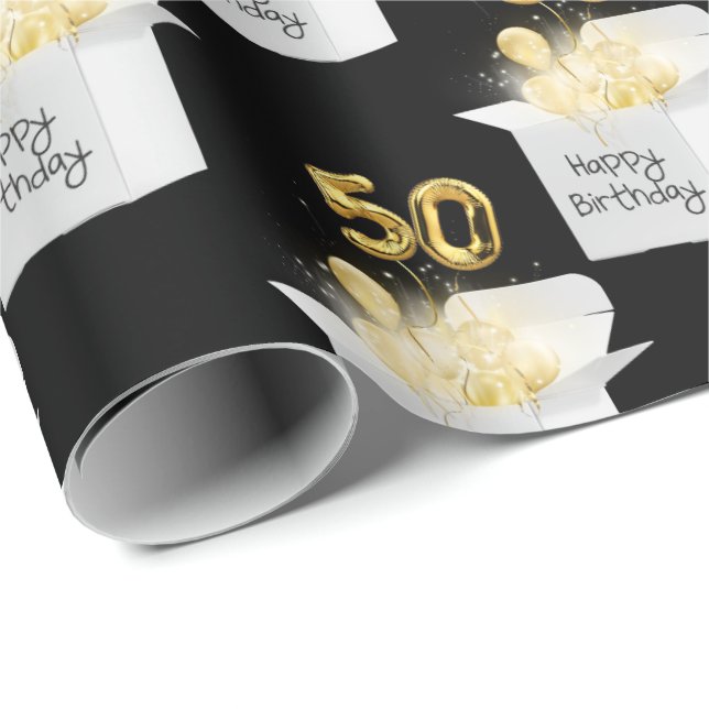 Gold 50th Birthday Balloons in Box    Wrapping Paper (Roll Corner)