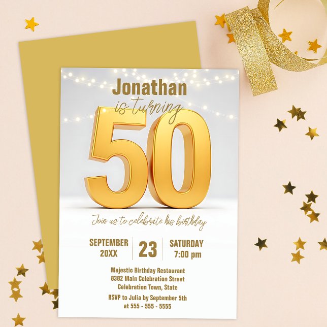 Gold 50th Birthday Celebration with String Lights Invitation (Creator Uploaded)