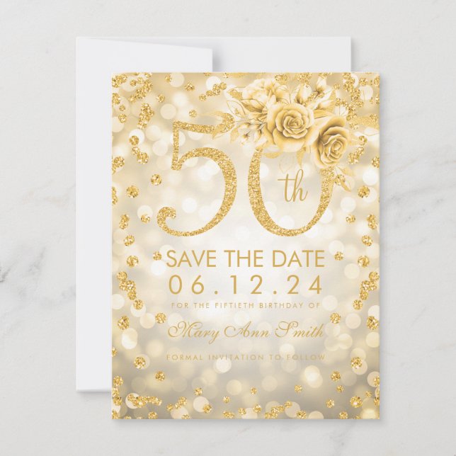 Gold 50th Birthday Glam Lights Save The Date (Front)