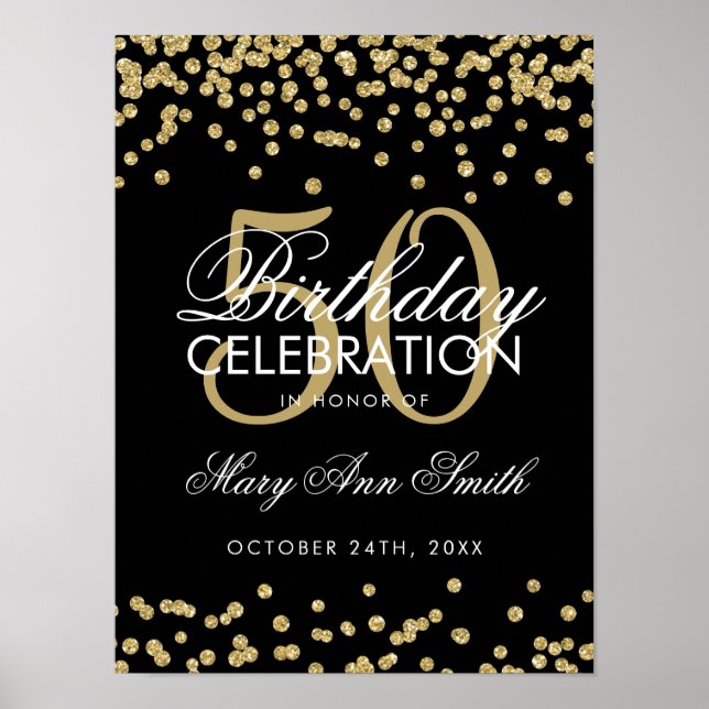 Gold 50th Birthday Glitter Confetti Black Poster (Front)