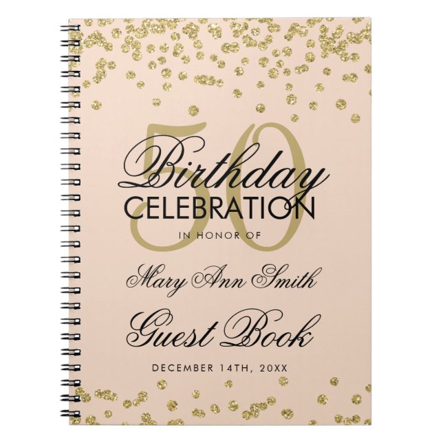 Gold 50th Birthday Guest Book Confetti Blush Pink (Front)