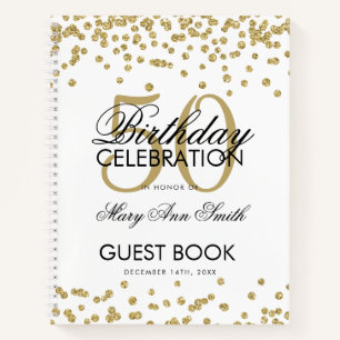 Gold 50th Birthday Guestbook Confetti White Notebook