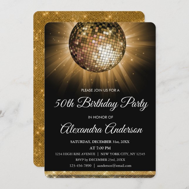 Gold 50th Birthday Party Gold Disco Ball Invitation (Front/Back)