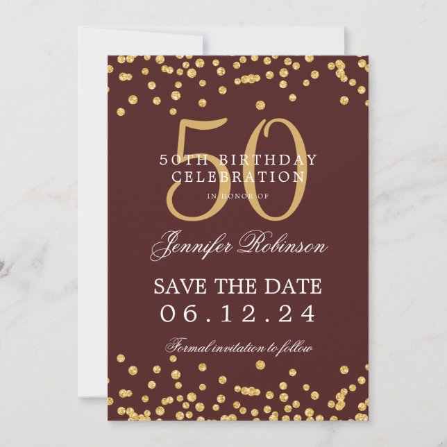 Gold 50th Birthday Save the Date Confetti Burgundy Invitation (Front)