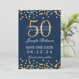 Gold 50th Birthday Save the Date Confetti Navy Blu Invitation