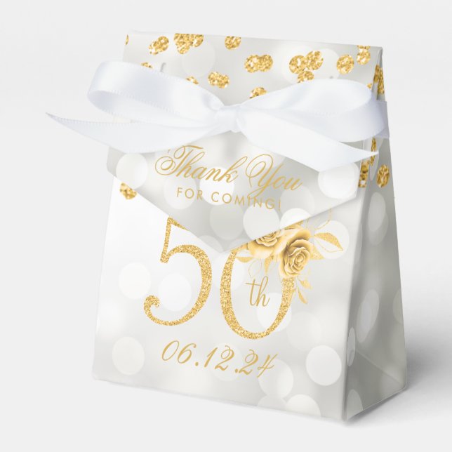 Gold 50th Birthday Thank You Floral Lights Silver  Favour Box (Front Side)