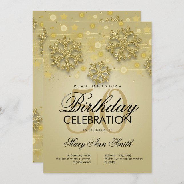 Gold 50th Birthday Winter Glitter Glam Invitation (Front/Back)
