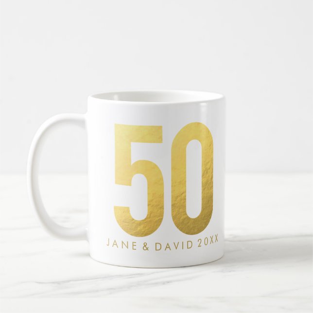 Gold 50th Day, Month, Year, Personalised White Mug (Left)