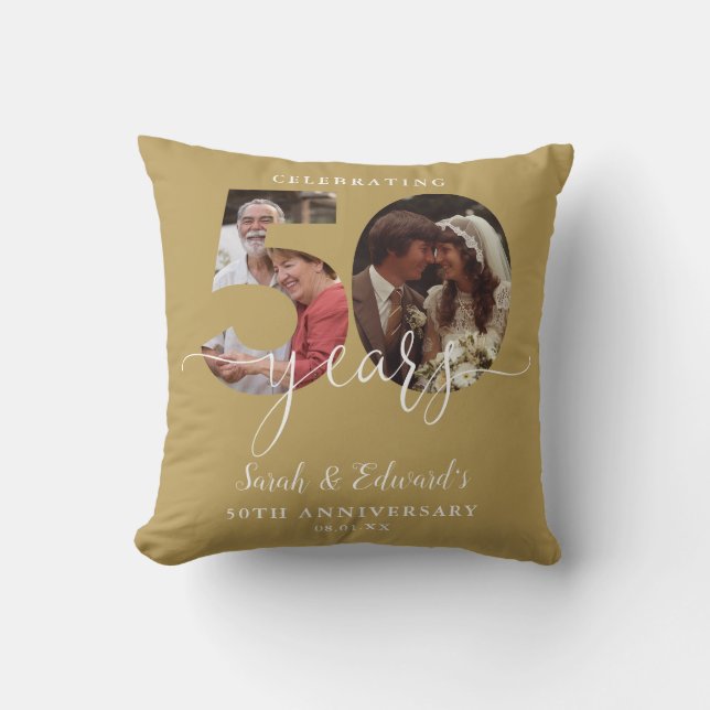 Gold 50th Wedding Anniversary 2 Photo Cushion (Front)