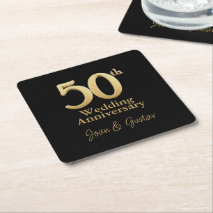 Gold 50th Wedding Anniversary   Black Square Paper Coaster