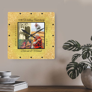 Gold 50th Wedding Anniversary Custom Photo Square Wall Clock