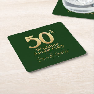 Gold 50th Wedding Anniversary Green Square Paper Coaster
