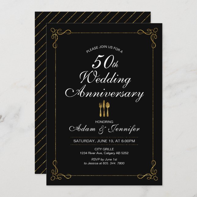 Gold 50th Wedding Anniversary Invitation Card (Front/Back)